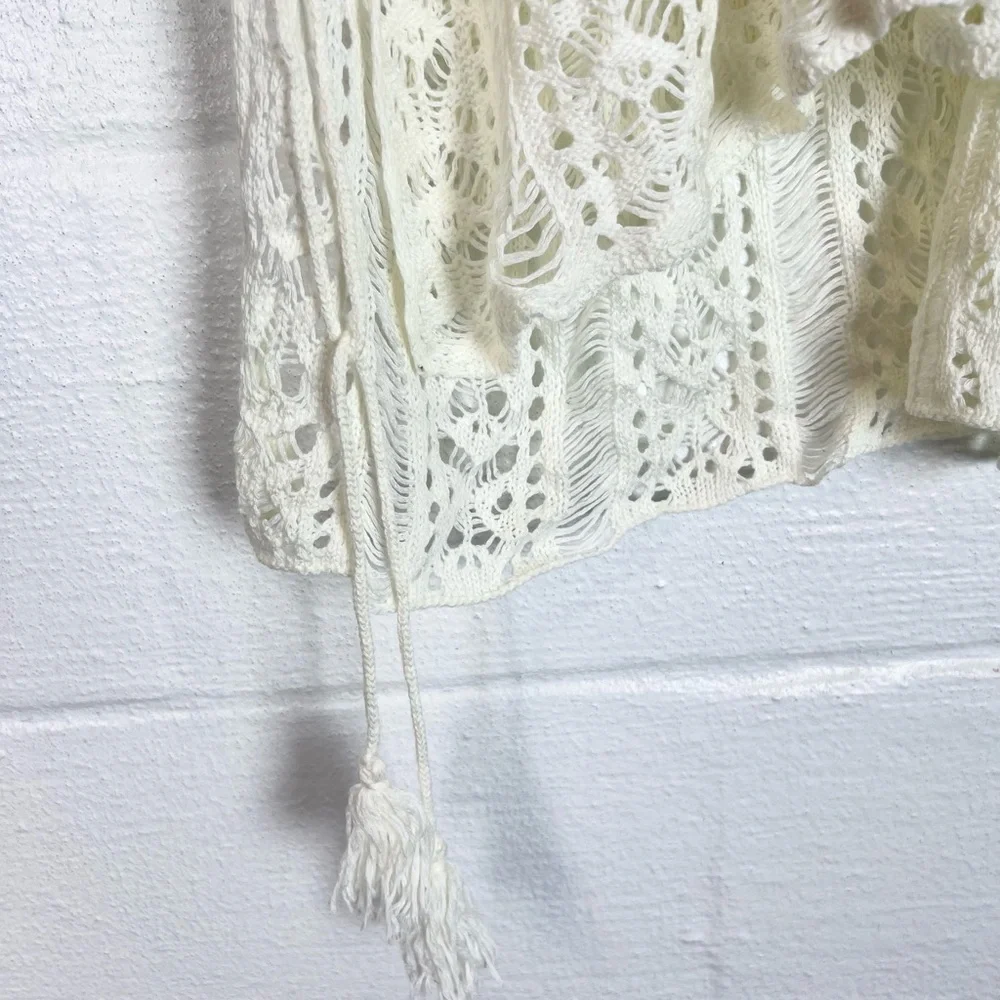 Crochet cotton cover up Ivory, one size lace up sides tassels‎ boho